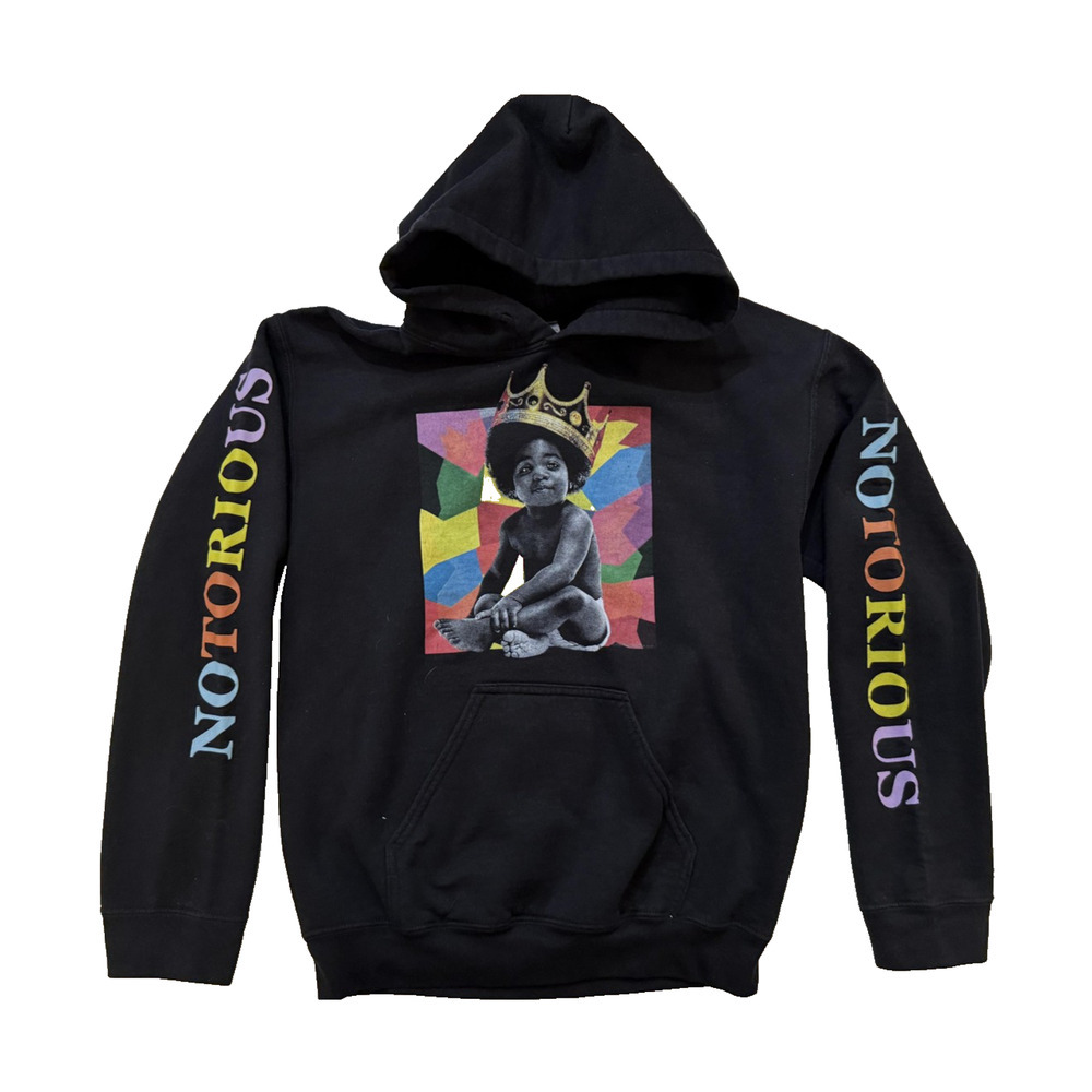 Notorious BIG Hoodie Mens Small‎ Black Graphic Crown Baby Rap Hip Hop Sleeve Hit